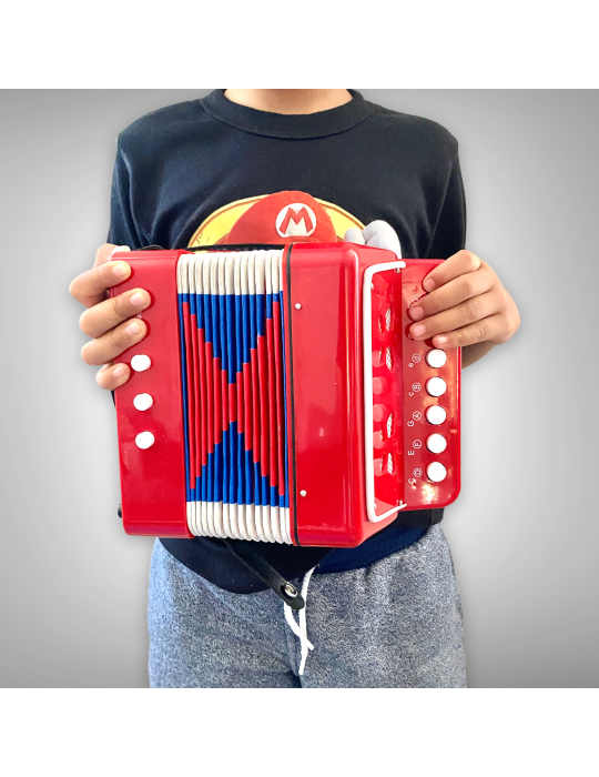 Acordeón infantil rojo con 7 botones y 14 tonos